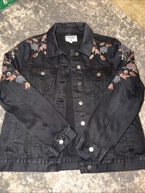 Velvet Heart Black Denim Jacket with Floral Embroidery